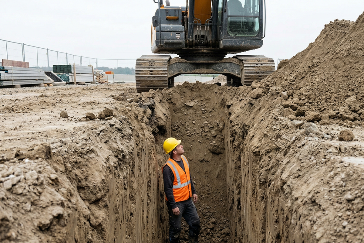 An excavation shows a trench edge that needs protective thinking before entry.