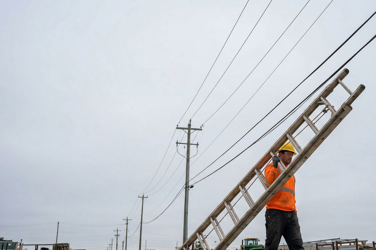 A worker and equipment operate close to overhead power lines.