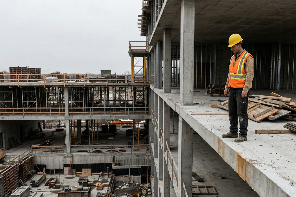 A worker stands near an unprotected deck edge.