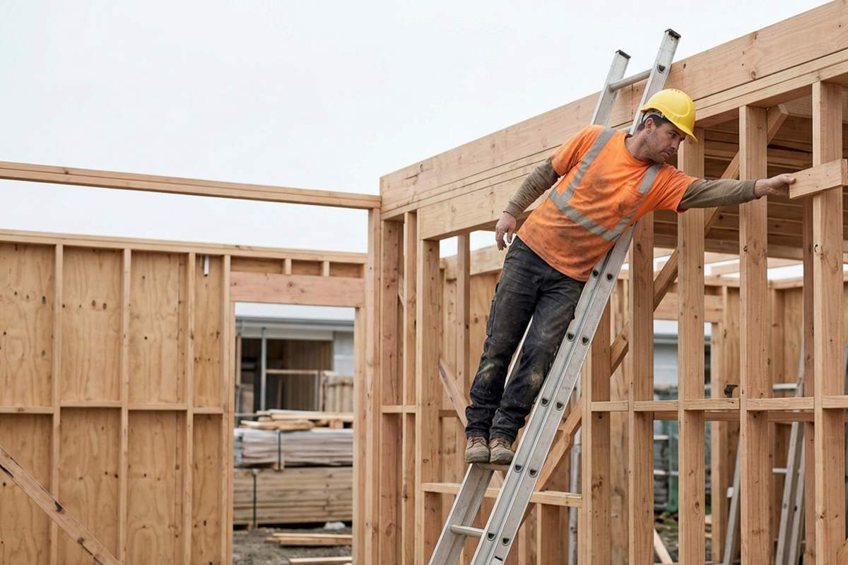 A worker is too high on a ladder for a stable work position.