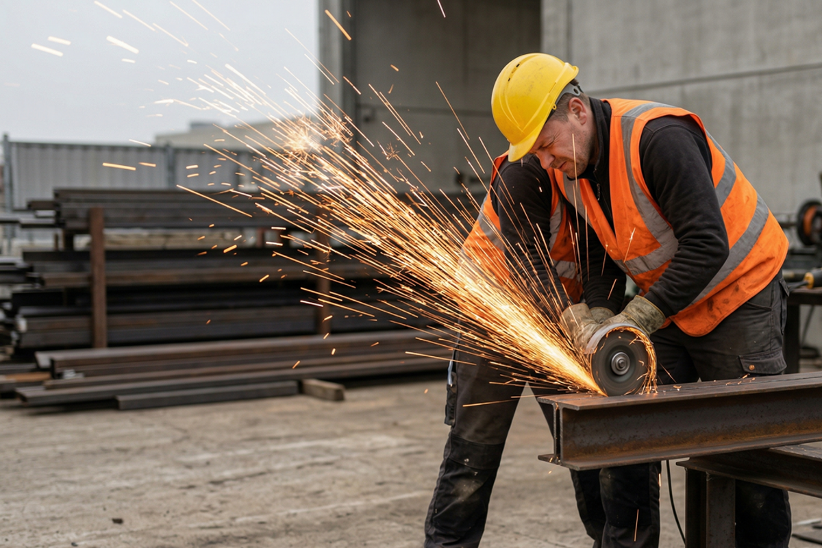 Grinding work sends sparks and debris toward the worker.