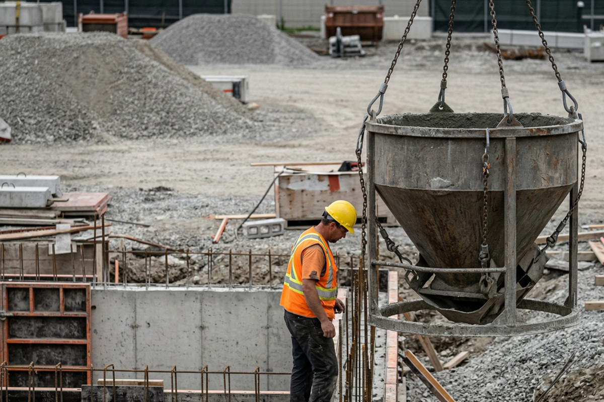 A suspended load passes through an active work area.