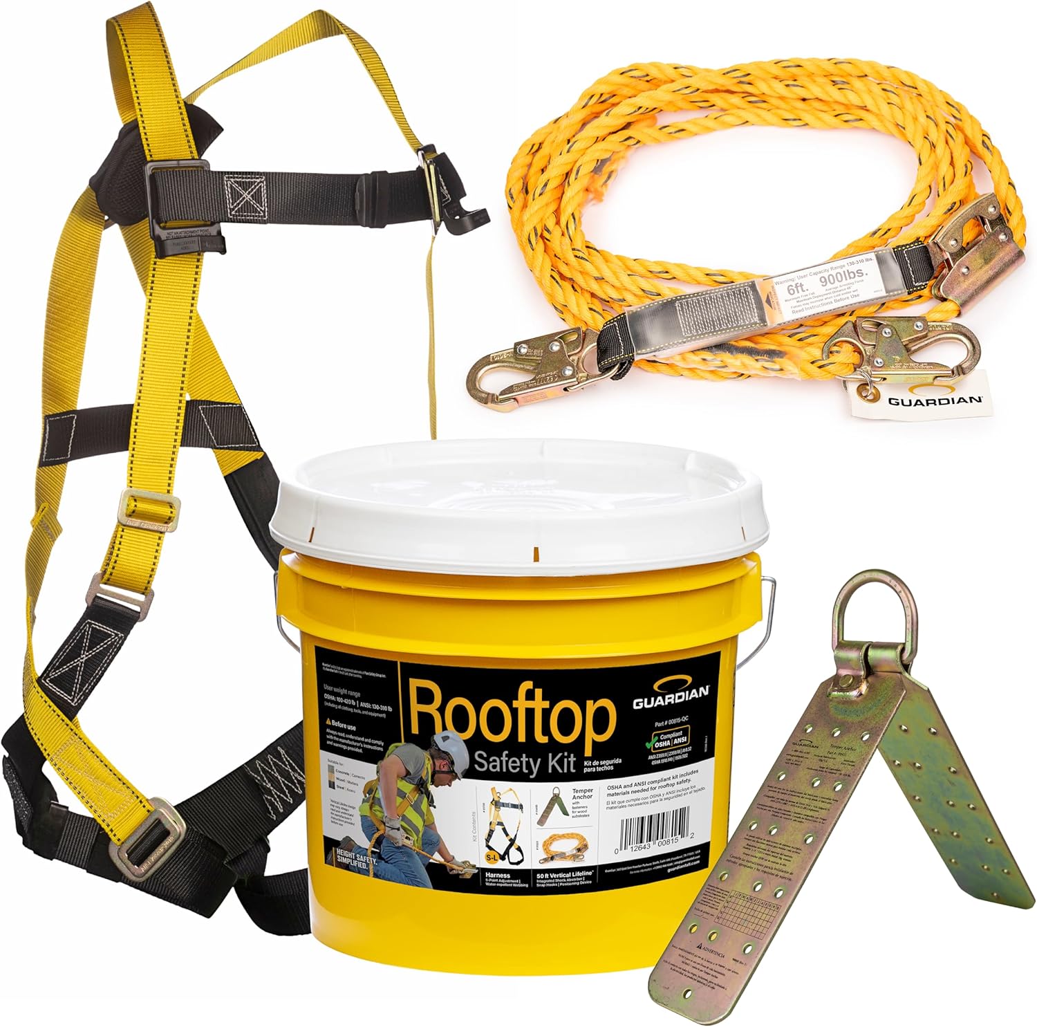 Guardian 00815 Rooftop Safety Kit — 50 ft Vertical Lifeline, Anchor, Harness & Bucket