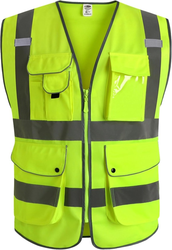 JKSafety Class 2 High-Visibility Zipper Vest with 9 Pockets
